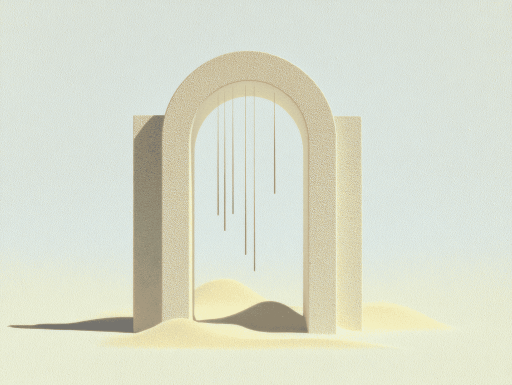 Portique 3D beige avec ouverture cintrée, barreaux fins suspendus à l'intérieur, dune basse à droite, palette sable monochrome sur fond clair.