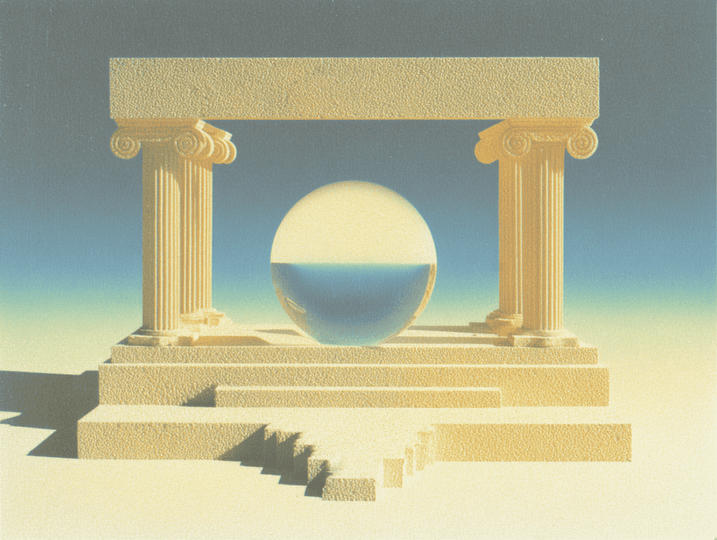 Petit temple à deux colonnes ioniques surmontées d'un linteau horizontal, sphère claire suspendue au centre, marches en escalier sur la gauche, sol beige et ciel dégradé du sable au bleu pâle.