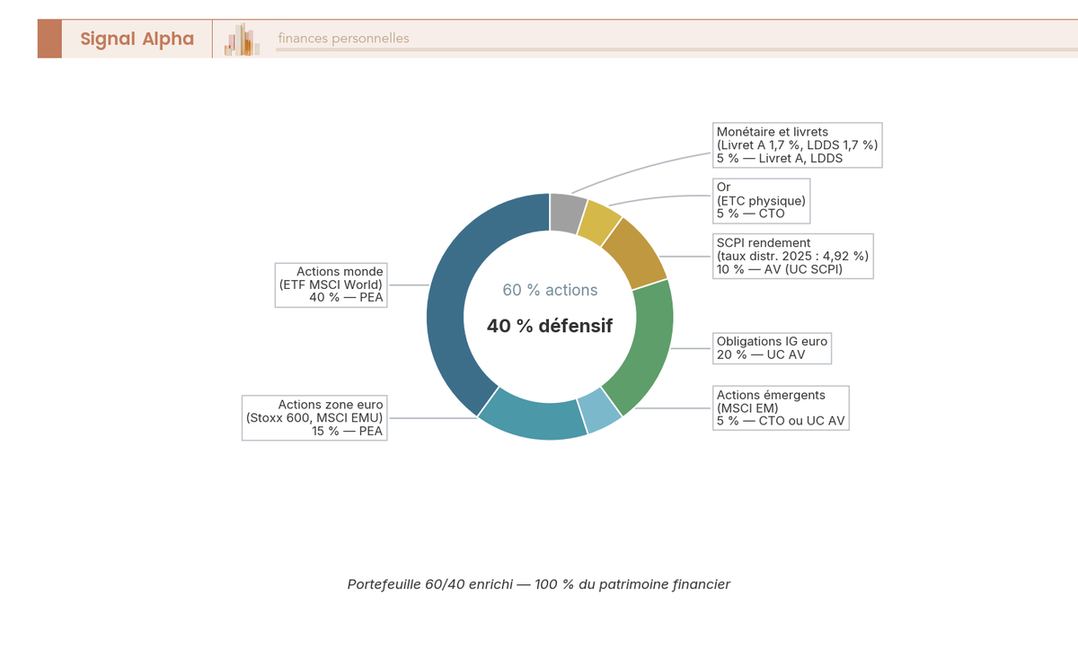 Diagramme en anneau d'un portefeuille type 60/40 enrichi en sept segments, codage couleur par classe d'actifs (actions = bleu profond, obligations = vert, SCPI = ocre, or = jaune, monétaire = gris). Le centre indique '60 % actions / 40 % défensif'. Chaque segment porte un cartouche externe précisant l'enveloppe préférentielle (PEA, AV, CTO).