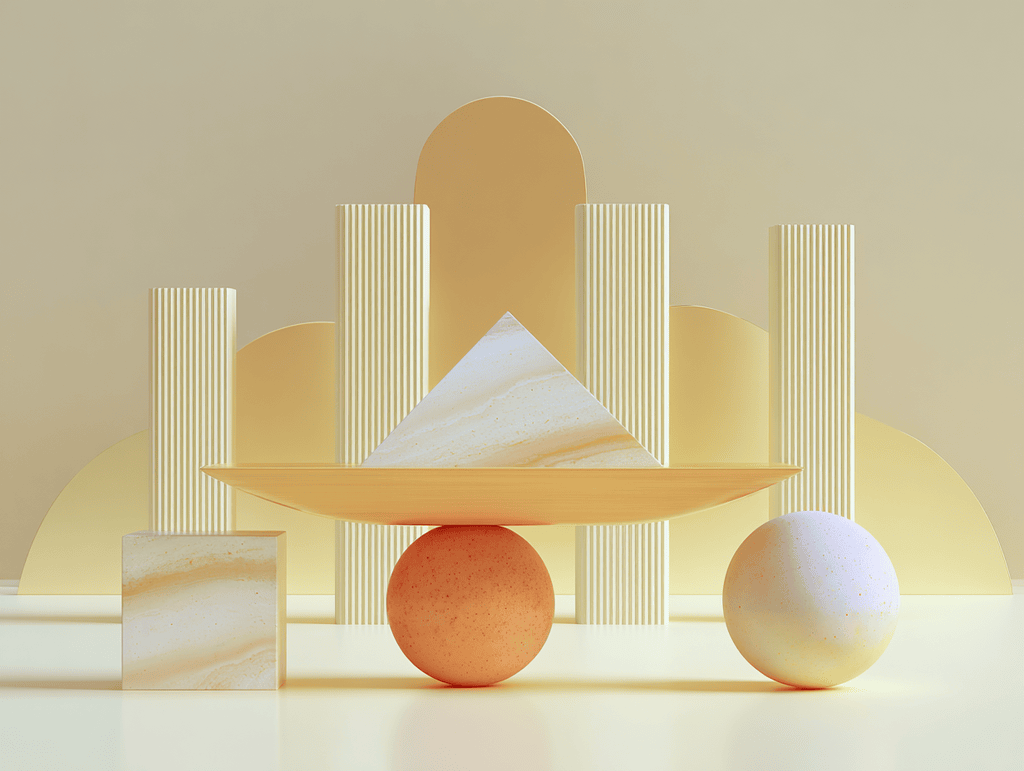 Plateau ovale en équilibre sur sphère orangée, pyramide blanche et colonnes cannelées