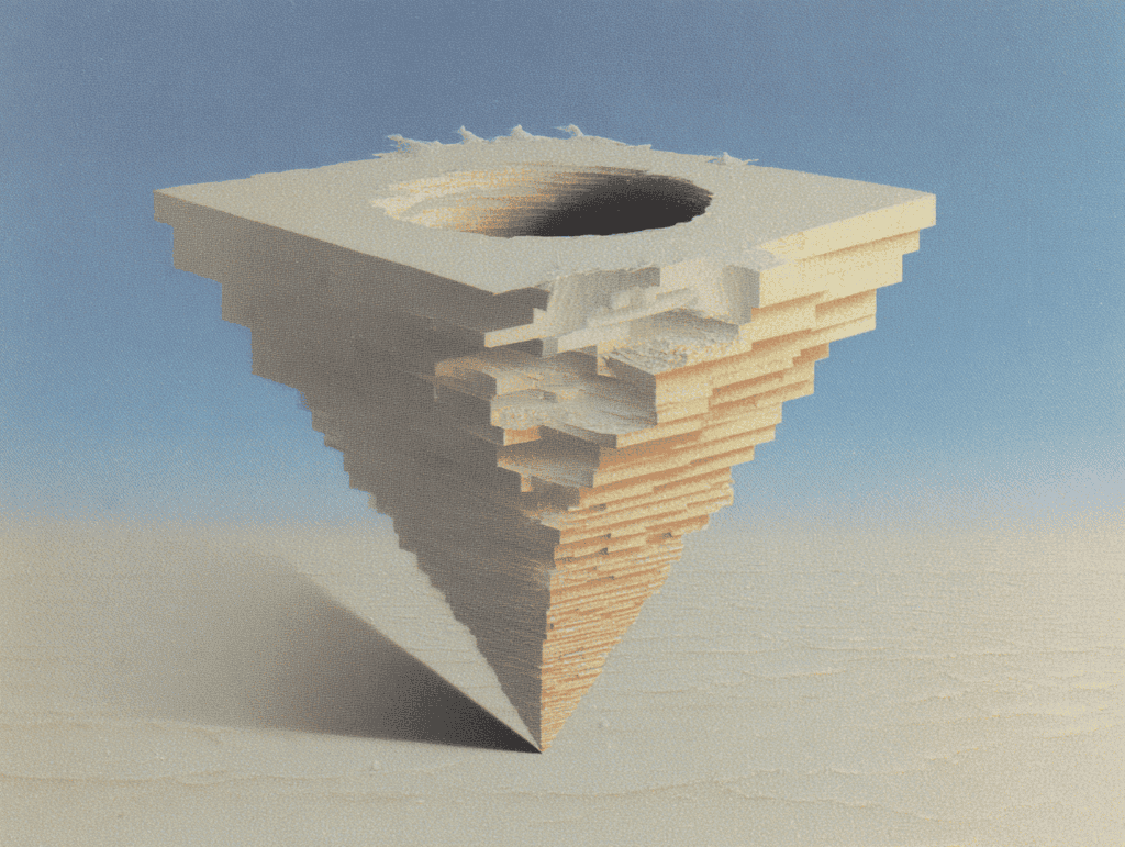 Cône tronqué inversé composé de strates beiges empilées et décalées, ouverture circulaire au sommet, posé pointe vers le bas sur fond sableux uniforme, ombres douces, vue 3D isométrique.