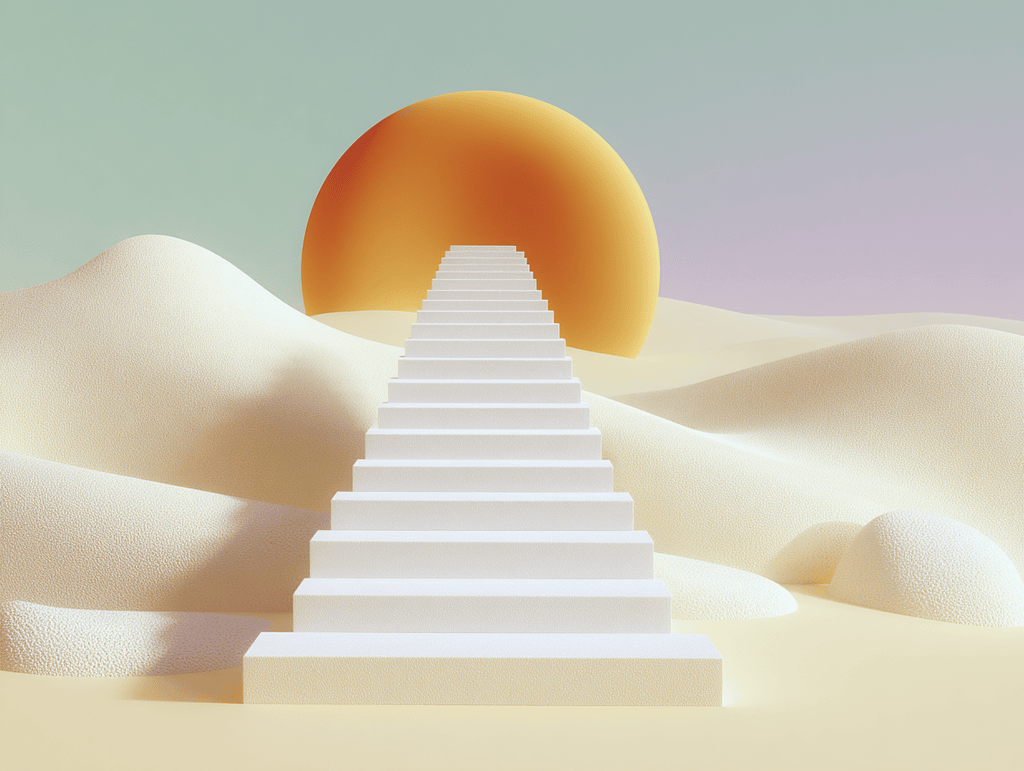 Escalier blanc montant vers une sphère dorée et orangée, dunes de sable en arrière-plan