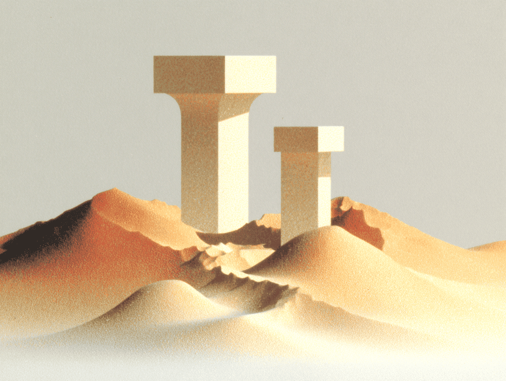 Deux piliers carrés en 3D, mats et beiges, l'un plus grand que l'autre, dressés sur des dunes ondulées de sable clair, fond sableux uni.