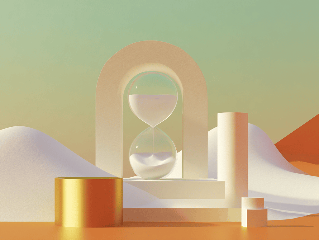 Sablier en verre sous une arche, cylindre doré et colonne sur fond de dunes orangées