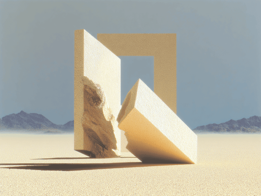 Deux blocs sculpturaux beiges sur un sol sableux : un cadre rectangulaire évidé et un coin triangulaire qui s'imbriquent au premier plan, montagnes pâles à l'horizon.