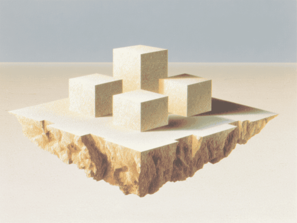 Cinq blocs cubiques beige de hauteurs variées disposés sur une dalle carrée flottante, dont la base rocheuse brute est suspendue au-dessus d'une étendue sableuse, sous un ciel gris pâle.