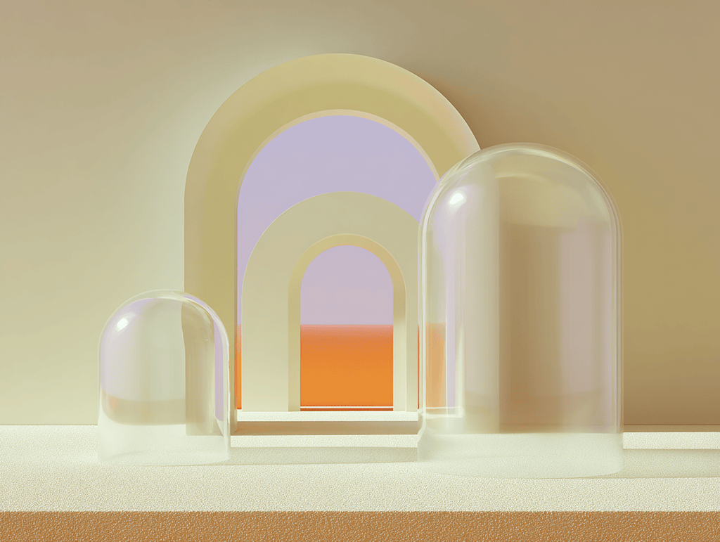 Trois cloches en verre dépoli de tailles croissantes posées sur un socle sableux devant des arches concentriques beige et lavande