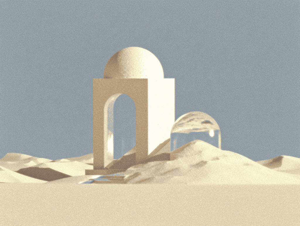 Sur fond de dunes sableuses et ciel bleu pâle, un mur arqué beige coiffé d'une coupole se dresse à droite ; un petit arc monolithique l'encadre au premier plan.
