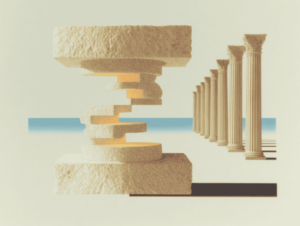 Bloc de pierre beige scindé en couches inclinées posé sur un socle massif, face à une colonnade classique alignée à droite ; ciel sablonneux, fine ligne d'horizon bleutée.