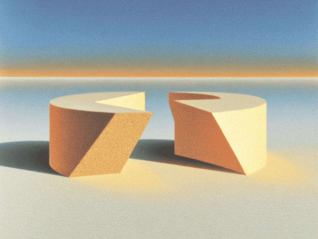 Deux cylindres beige clair coupés en biais se faisant face sur une plaine horizontale, sous un ciel dégradé turquoise et sable, lumière rasante portant deux longues ombres.