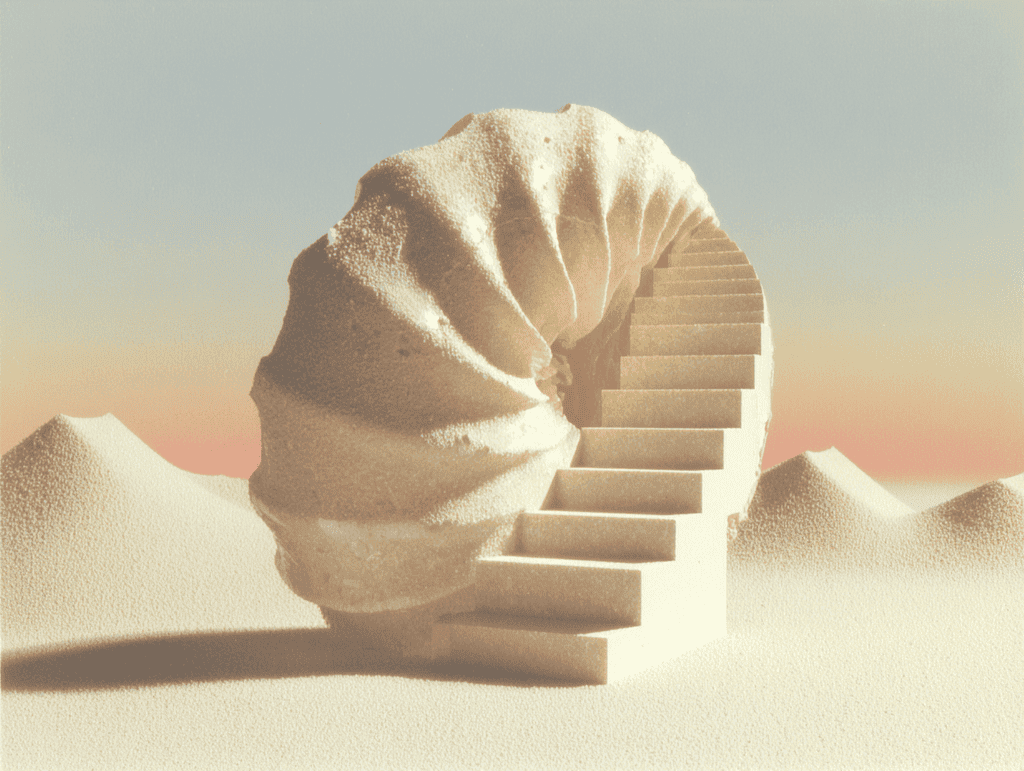 Grande coquille spirale beige posée sur le sable entre deux dunes, sectionnée pour laisser voir un escalier monumental qui s'enroule vers son sommet, ciel dégradé pêche et bleu pâle.