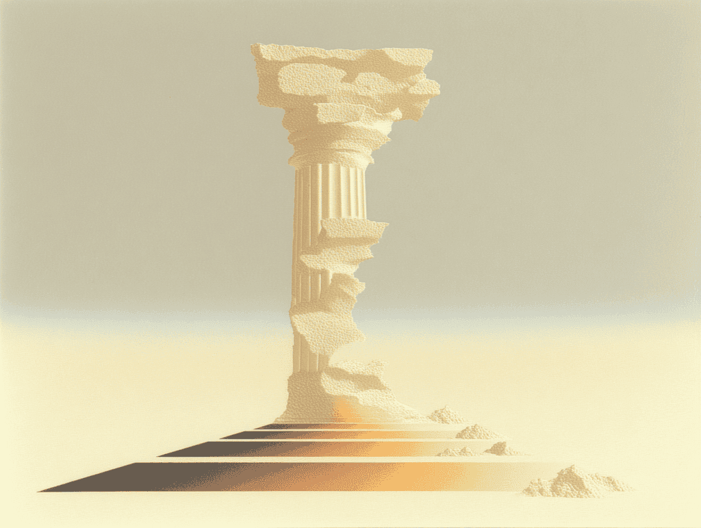 Colonne 3D érodée à strates empilées, dressée sur un socle bas à degrés, sur fond beige uniforme dégradé du sable au crème, composition asymétrique monochrome.
