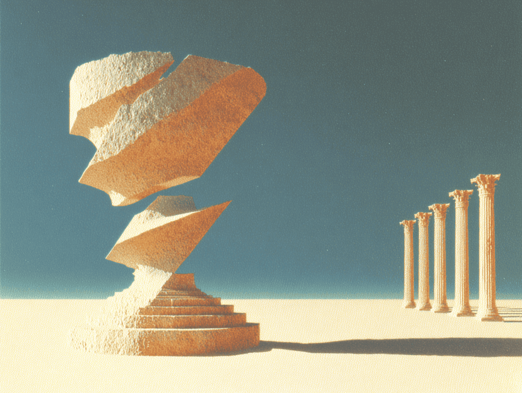 Empilement asymétrique de blocs beige fragmentés sur un socle étagé, avec une rangée de colonnettes blanches en perspective sur un sol sableux.