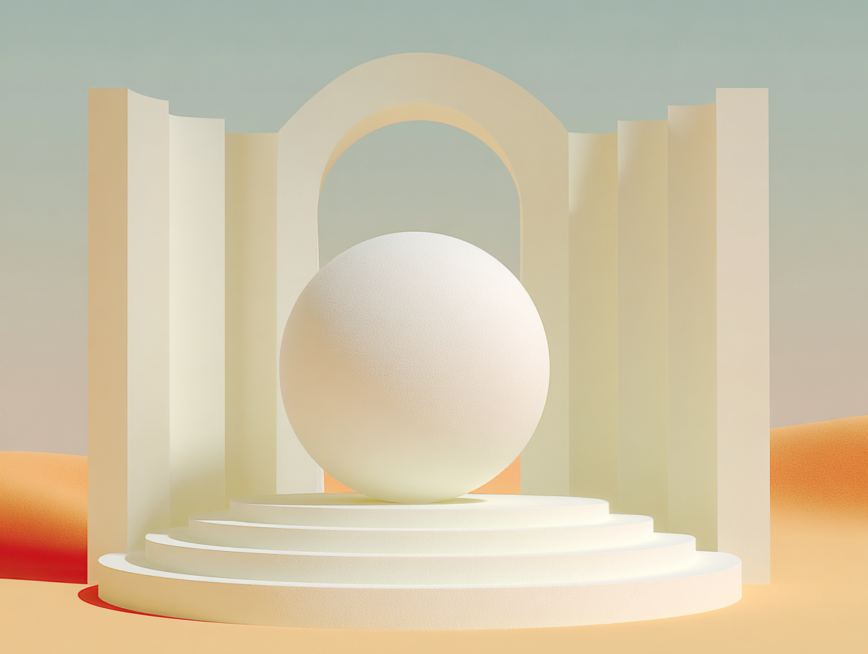 Sphère lisse au centre d'une plateforme circulaire, entourée d'un anneau de dalles rectangulaires inclinées vers l'intérieur, deux colonnes isolées en arrière-plan