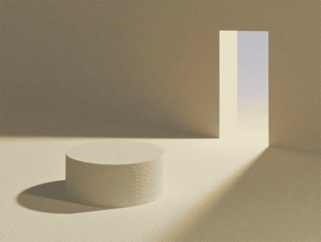 Cylindre bas posé à gauche d'un haut panneau vertical à gradient lumineux, fond beige uniforme, ombres douces, composition asymétrique 3D minimaliste.