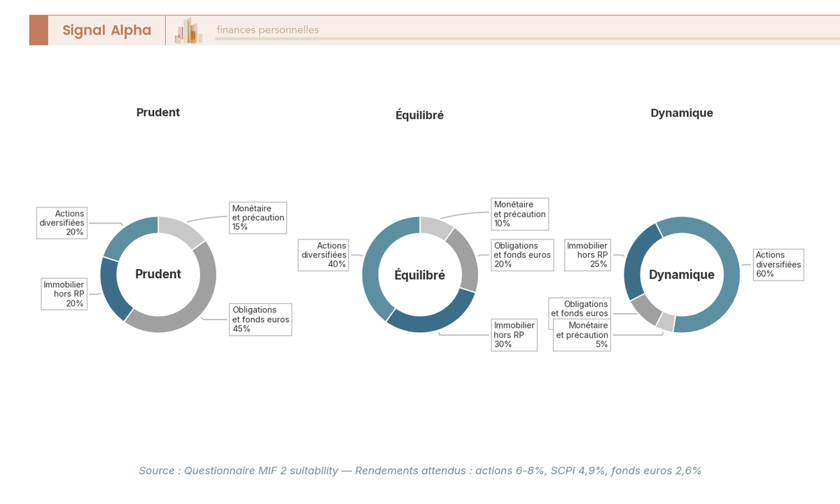 Trois diagrammes en anneau côte à côte présentant les allocations cibles par classe d'actifs pour les profils prudent, équilibré et dynamique sur horizon long