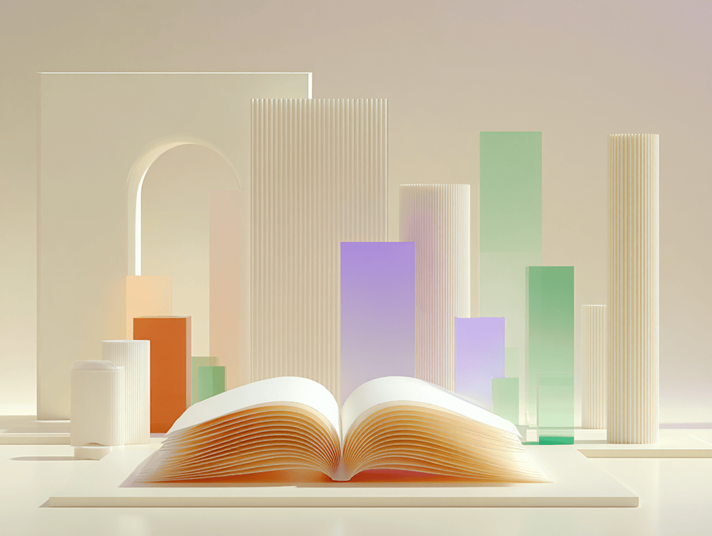 Livre ouvert aux pages dorées sur un socle blanc, colonnes colorées de hauteurs variées et arche en arrière-plan