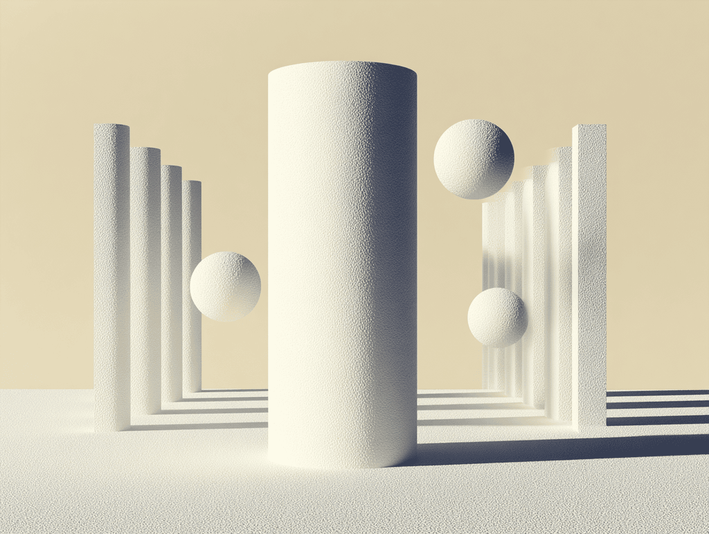 Cylindre central texturé entouré de trois sphères flottantes et de colonnes rectangulaires disposées symétriquement sur fond beige sableux