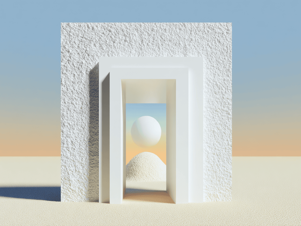 Bloc mat beige texturé à ouvertures rectangulaires emboîtées, libérant une sphère claire suspendue au-dessus d'un monticule arrondi, dégradé sable et bleu, ombres longues sur sol vide.
