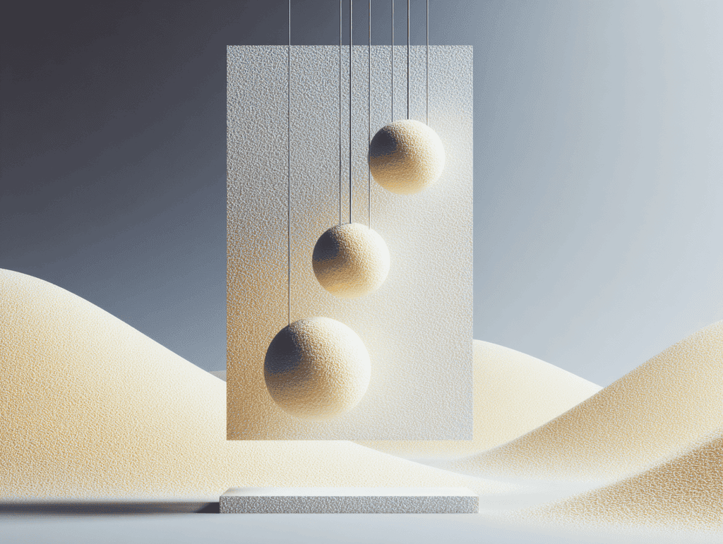 Trois sphères texturées suspendues devant un panneau rectangulaire clair, sur fond de dunes sableuses ondulées