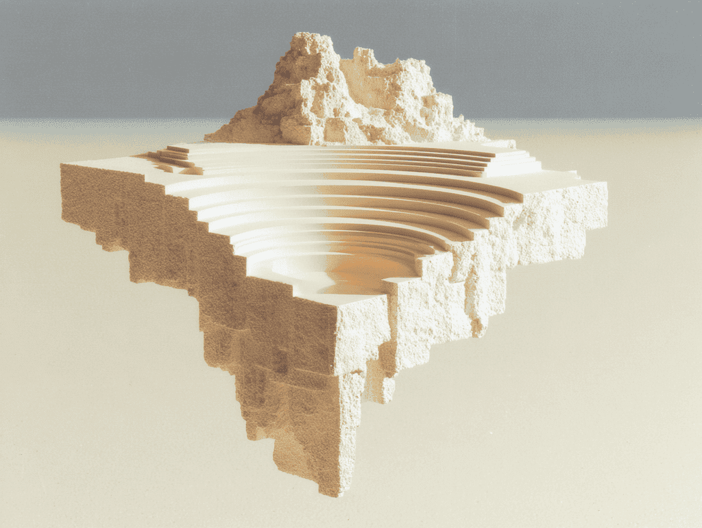 Bloc de sable en lévitation, à gradins descendants, sa surface creusée d'anneaux concentriques ; un relief rocheux se dresse à l'arrière, sur fond beige et bande de ciel gris.