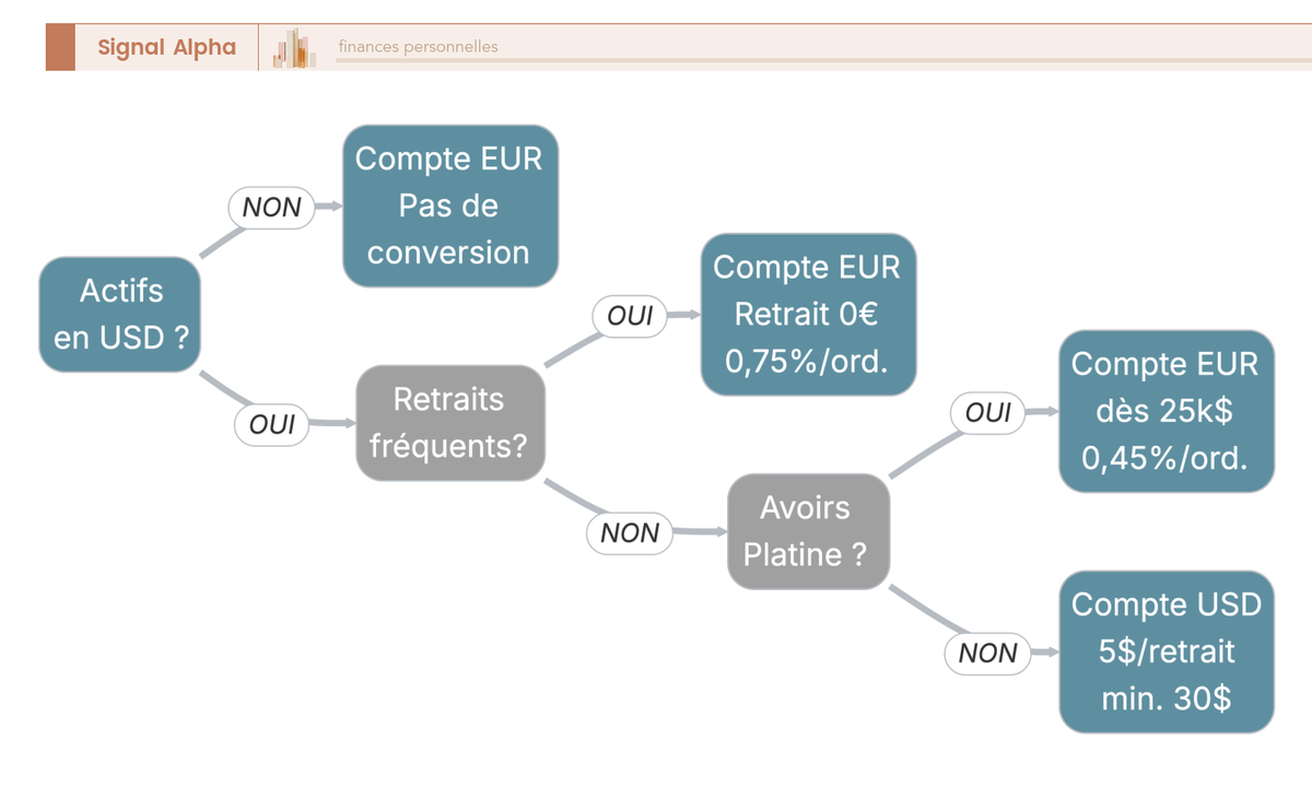 Arbre de décision pour choisir la devise du compte eToro : EUR ou USD selon la fréquence des retraits