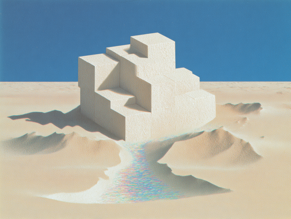Formes géométriques ou organiques en volume, aux surfaces mates beige sable et à la microtexture subtile, isolées dans un espace vide sous une lumière diffuse et douce.
