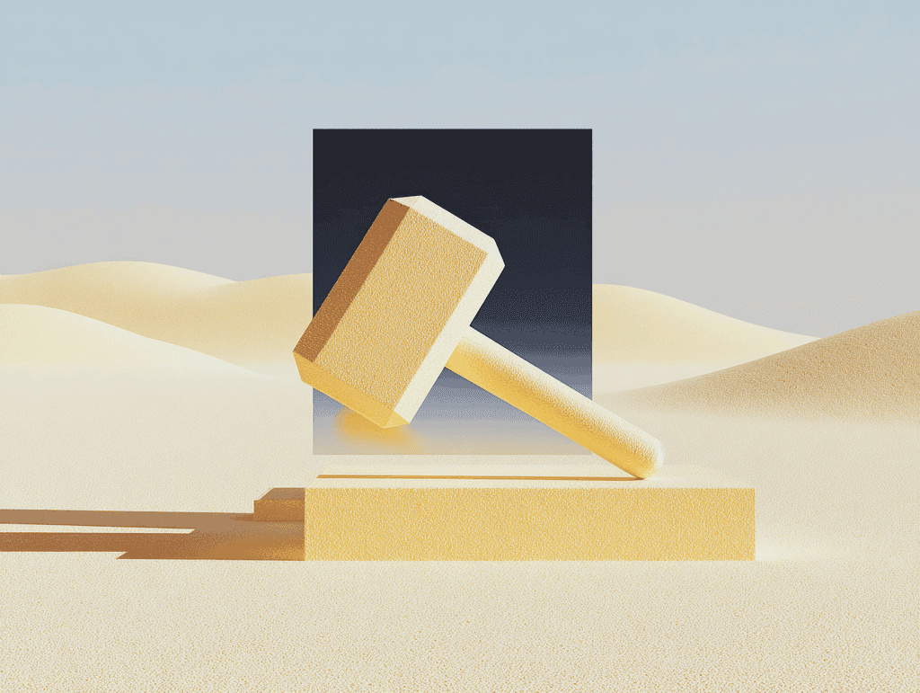 Maillet en céramique beige posé en équilibre sur un socle cubique sable, devant un panneau rectangulaire bleu nuit, dans un paysage de dunes sous un ciel clair.