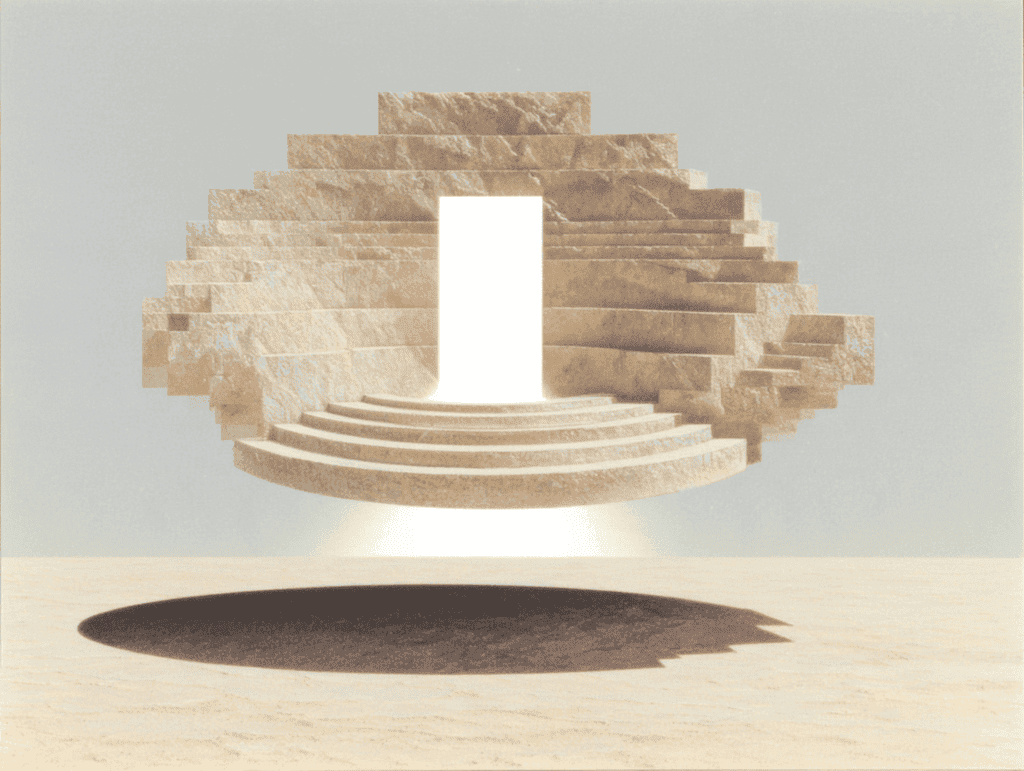 Masse de pierre beige en gradins suspendue au-dessus d’un sol sableux, percée d’une ouverture rectangulaire blanche que des marches courbes rejoignent, son ombre ovale décalée au sol.