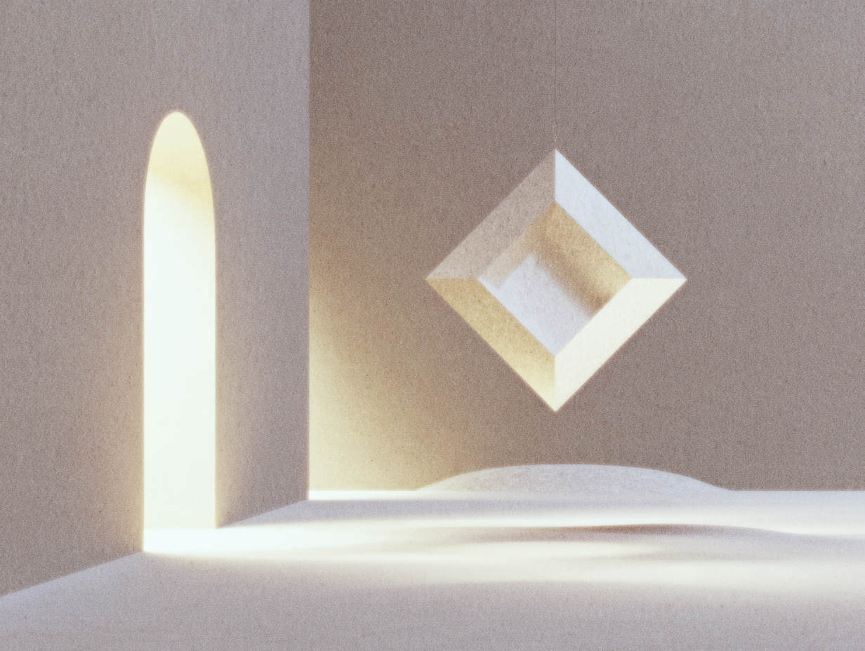 Losange évidé suspendu à un fil fin devant un mur beige percé d’une ouverture en arche d’où tombe une lumière chaude, sol de sable clair en douces ondulations.