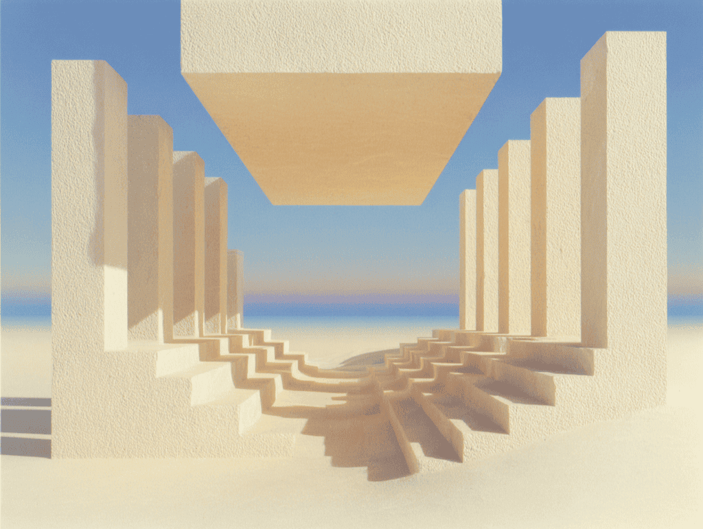 Deux rangées de piliers beiges convergent vers l’horizon, leurs bases en gradins descendant vers le centre ; un bloc trapézoïdal inversé flotte au-dessus, sur un ciel bleu et un sol sable.