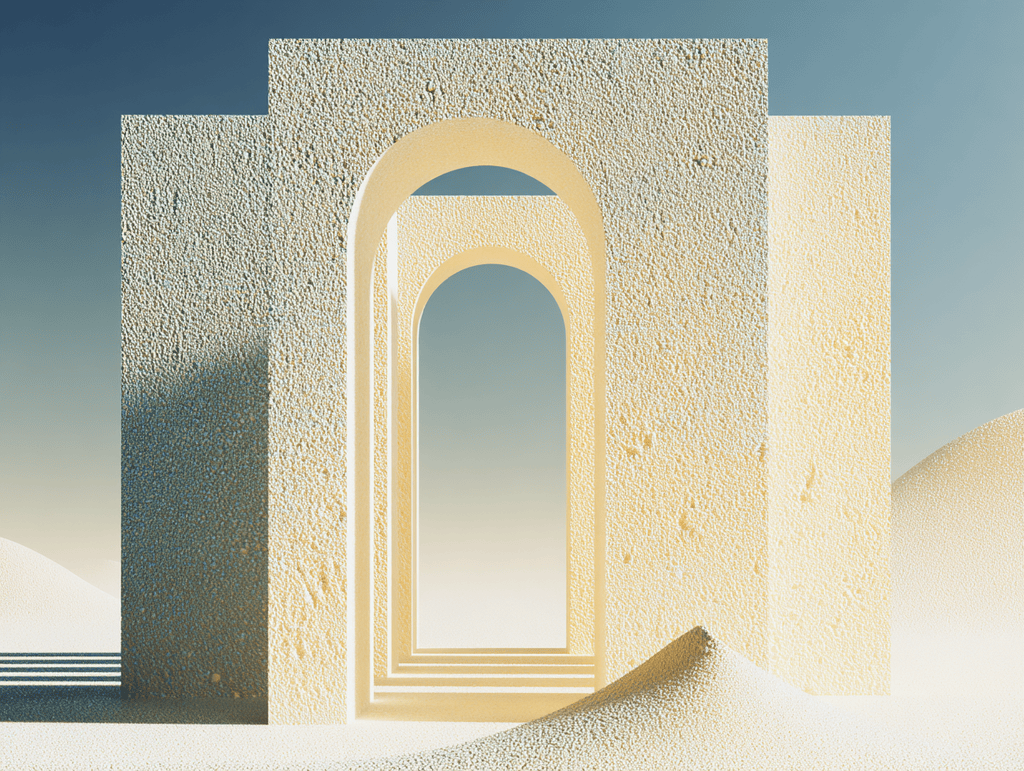 Portail à arches concentriques beige sable encastré dans un mur texturé, sur des dunes claires sous un ciel dégradé bleu pâle ; panneaux verticaux mats en retrait de part et d'autre.
