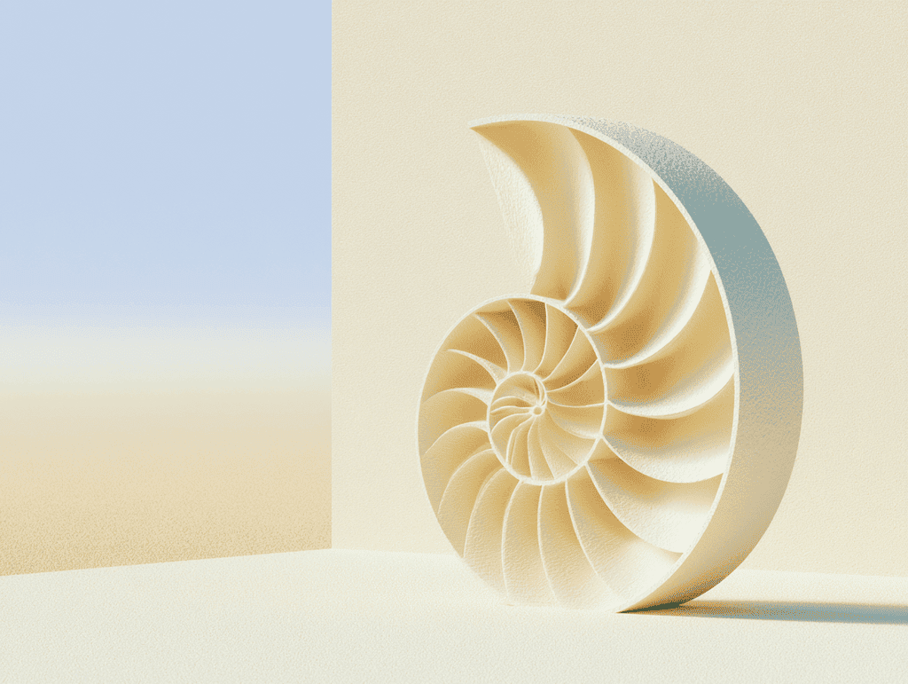 Coquille de nautile beige sectionnée en 3D, spirale de loges internes visible, posée debout sur une surface claire devant un mur pâle et un panneau bleuté à gauche.