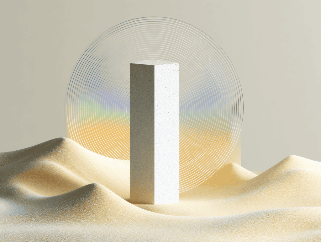 Un haut monolithe blanc dressé sur des dunes de sable beige, devant un grand disque de verre strié aux reflets irisés, sur fond sableux uni.