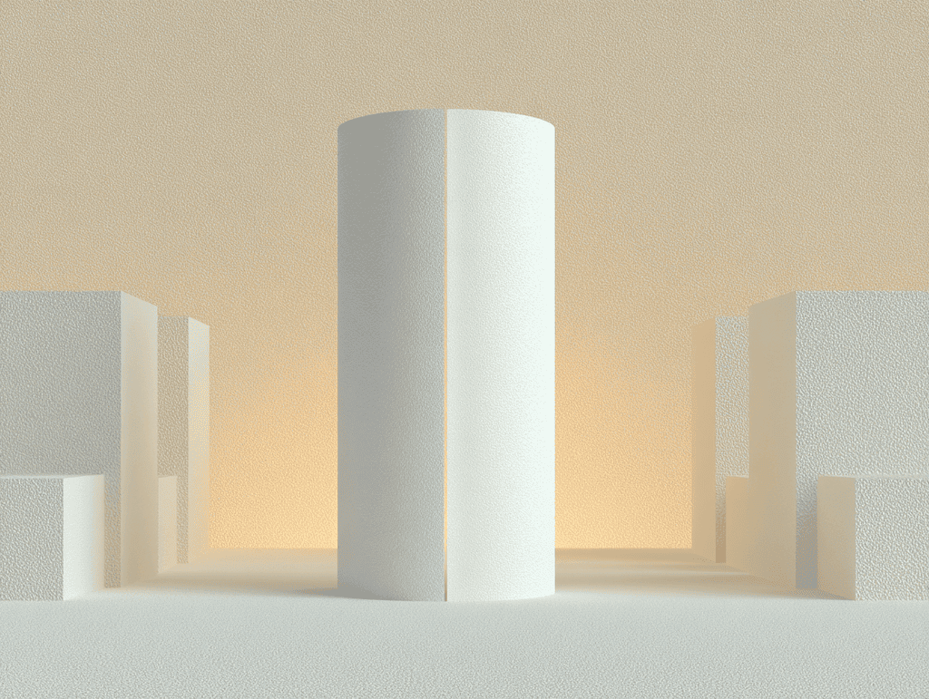 Cylindre blanc vertical dominant au centre, entouré de blocs cubiques bas en volumes mats beige sable, sur un sol clair ; halo lumineux chaud en arrière-plan, rendu 3D minimaliste, ombres douces.