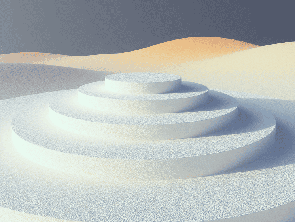 Pyramide blanche à cinq paliers circulaires concentriques posée sur des dunes beige clair, sous un ciel gris-bleu dégradé ; rendu 3D minimaliste, lumière douce.