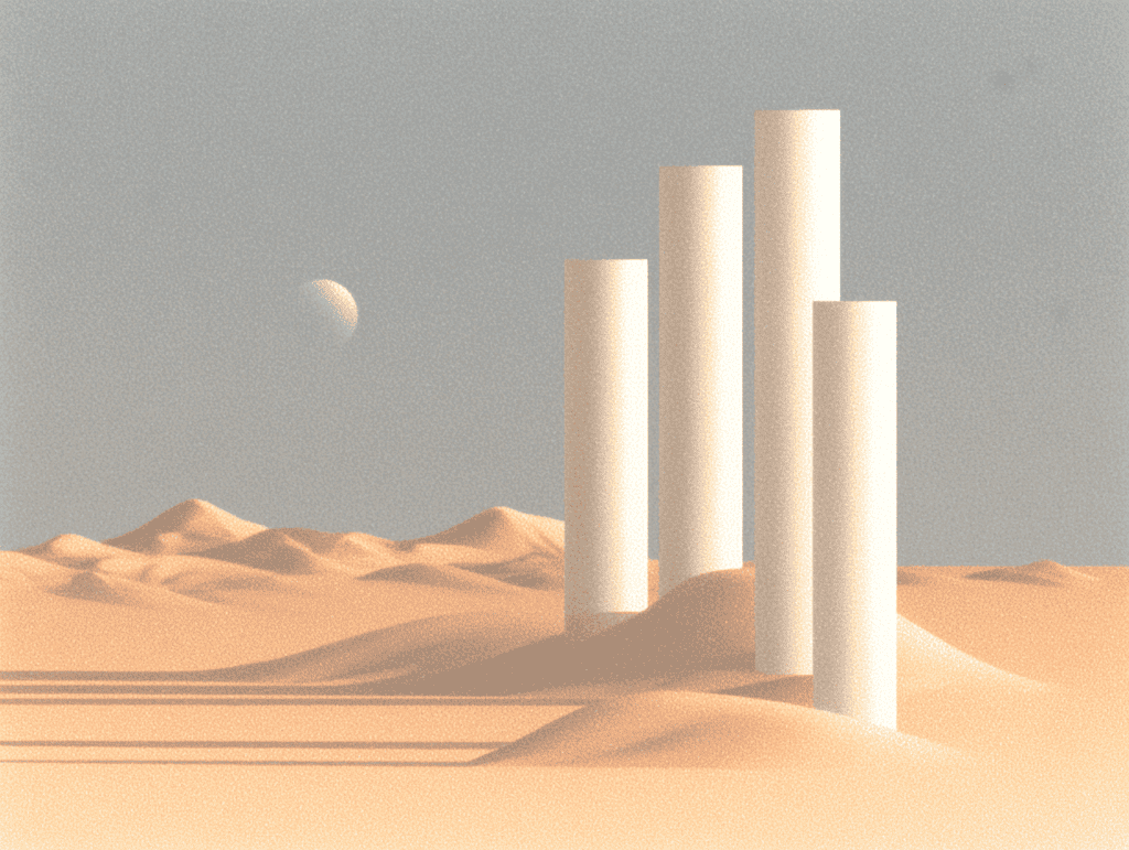 Quatre cylindres crème de hauteurs inégales dressés sur des dunes de sable, ombres parallèles allongées vers la gauche, croissant lunaire pâle dans un ciel gris-bleu.