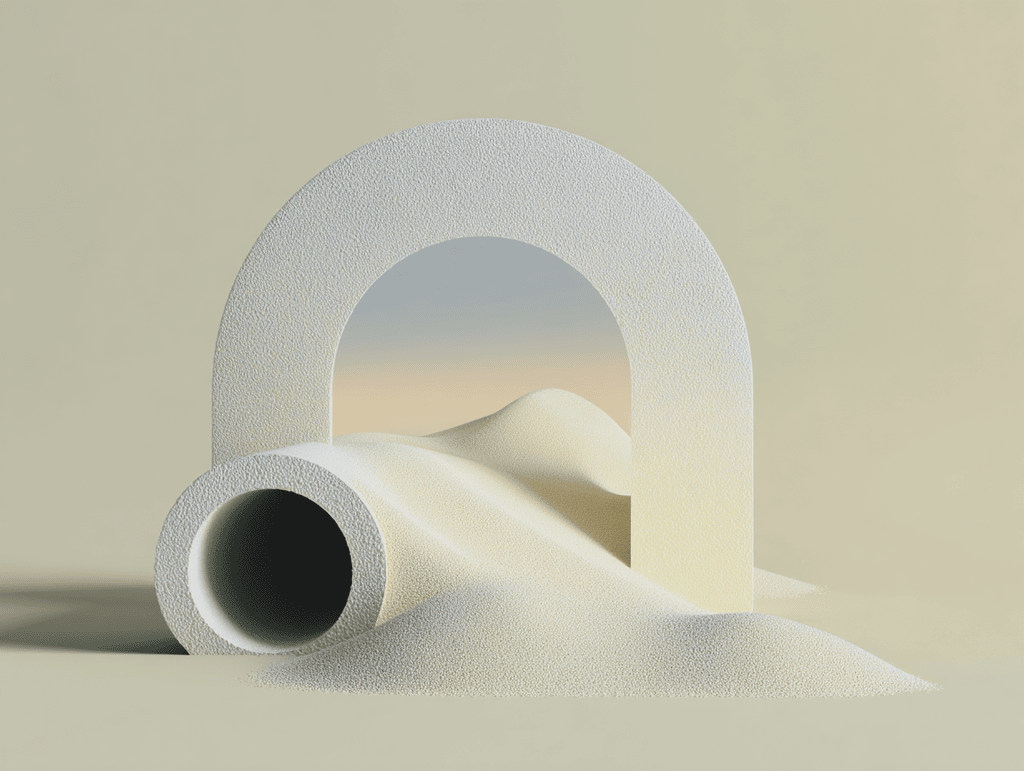 Arche claire en arrière-plan ouvrant sur une butte dégradée, cylindre creux couché au premier plan à demi enfoui dans un monticule de sable, teintes beige mates, ombres douces.