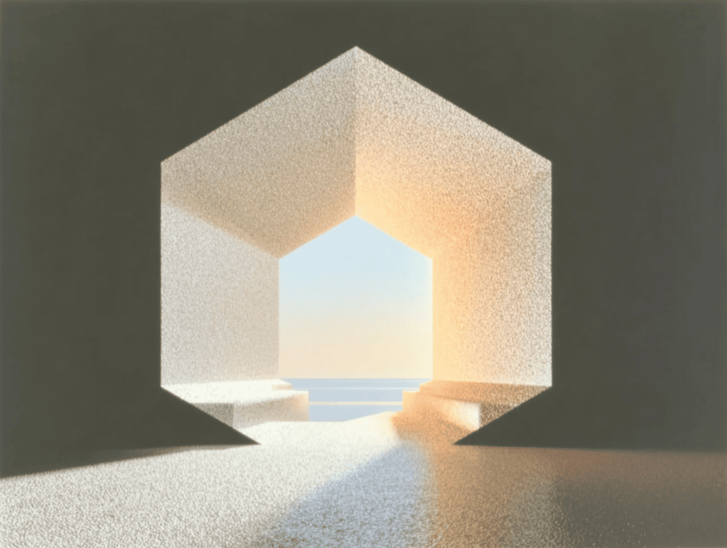 Volume hexagonal en pierre granuleuse posé sur une plaine sableuse, ouverture centrale dévoilant la mer et un ciel orangé, lumière rasante venant de droite.