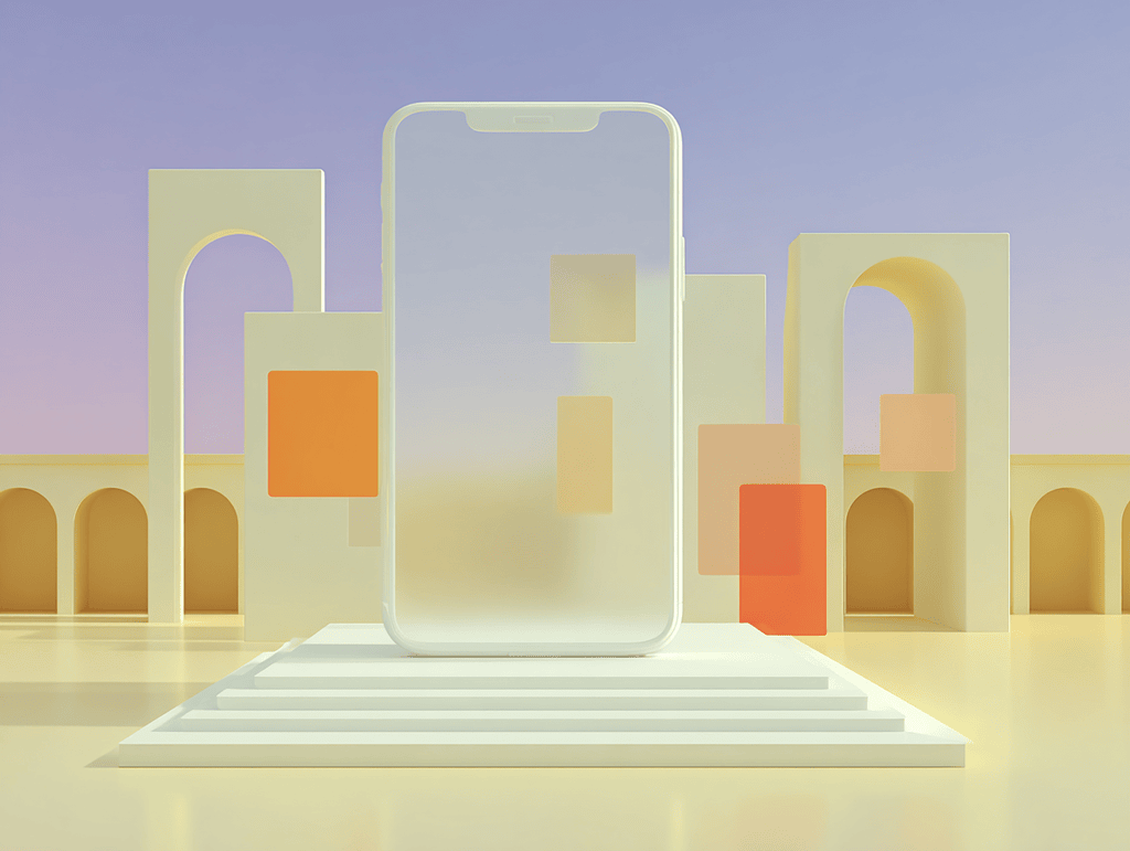 Smartphone translucide au centre entouré de panneaux et arches dorées, marches blanches au premier plan sur fond violet