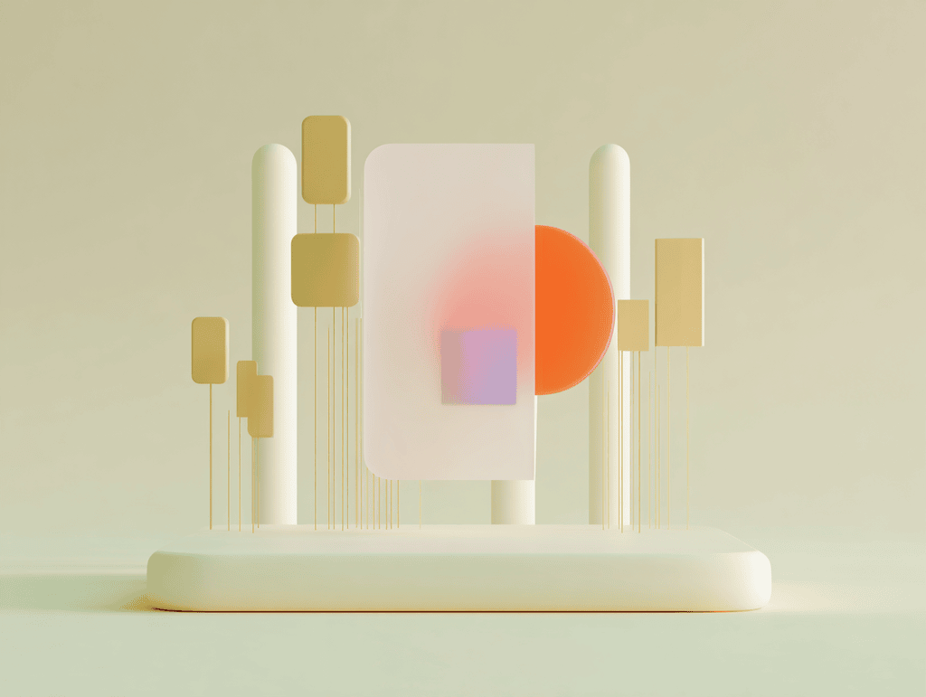 Panneau translucide rose et demi-cercle orange sur un piédestal crème, colonnes blanches et plaquettes dorées suspendues autour