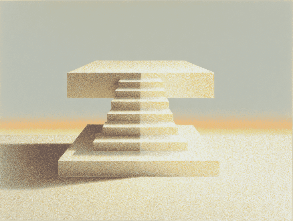 Formes géométriques 3D en volume beige sable, surfaces mates à microtexture, éclairage diffus doux, compositions épurées avec ombre longue sur fond neutre.