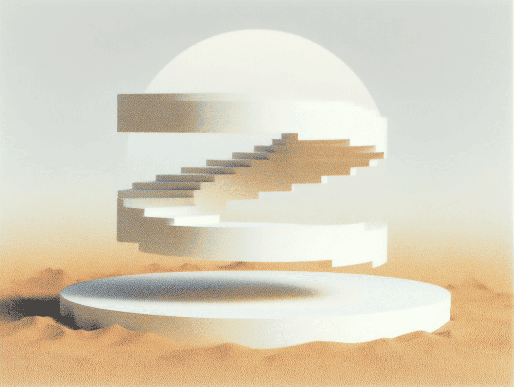Petit podium circulaire blanc posé sur du sable. Au-dessus, grande forme en demi-cercle blanche évidée avec un escalier en gradins beige sculpté à l'intérieur. Fond mat ocre.