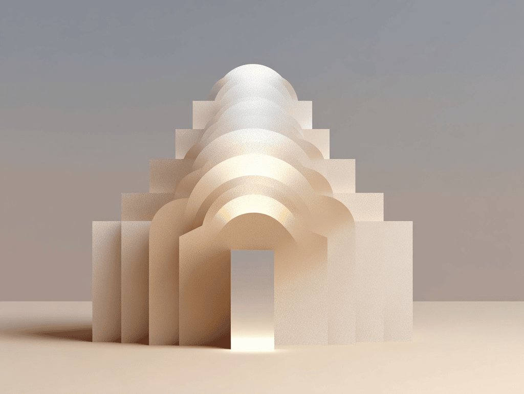 Composition 3D beige : des arches concentriques en dégradé s'enfoncent vers un point lumineux central, flanquées de blocs rectangulaires en gradins, sur fond sable uni.