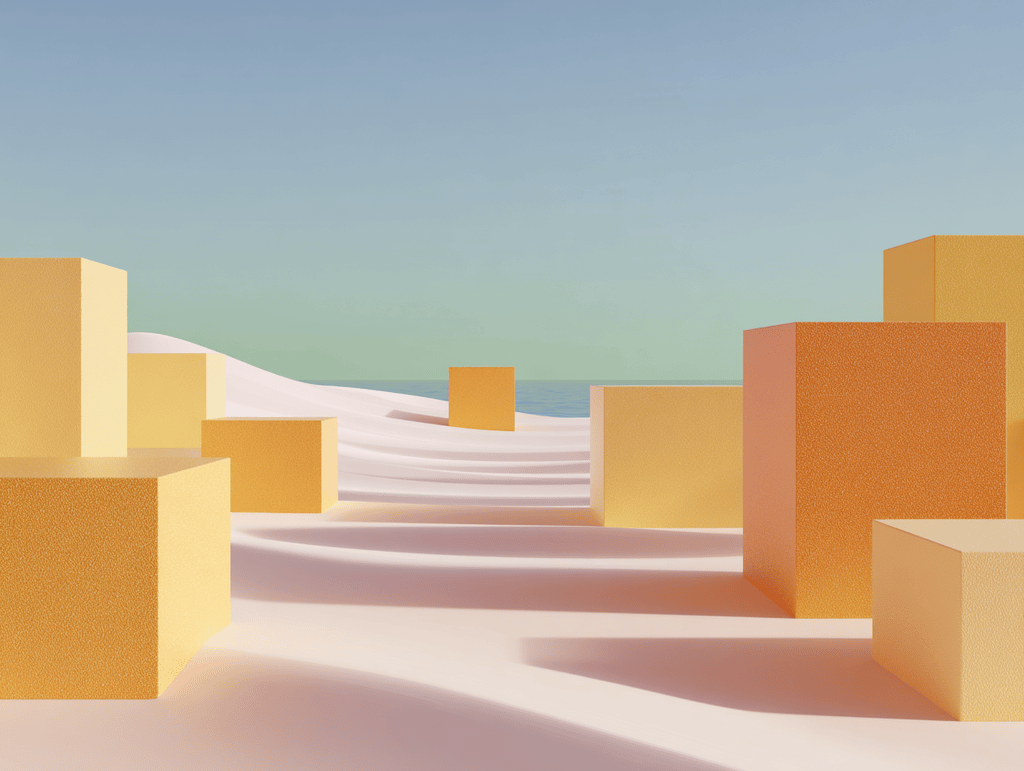 Blocs cubiques dorés et orangés le long d'un chemin en escalier, ciel bleu clair