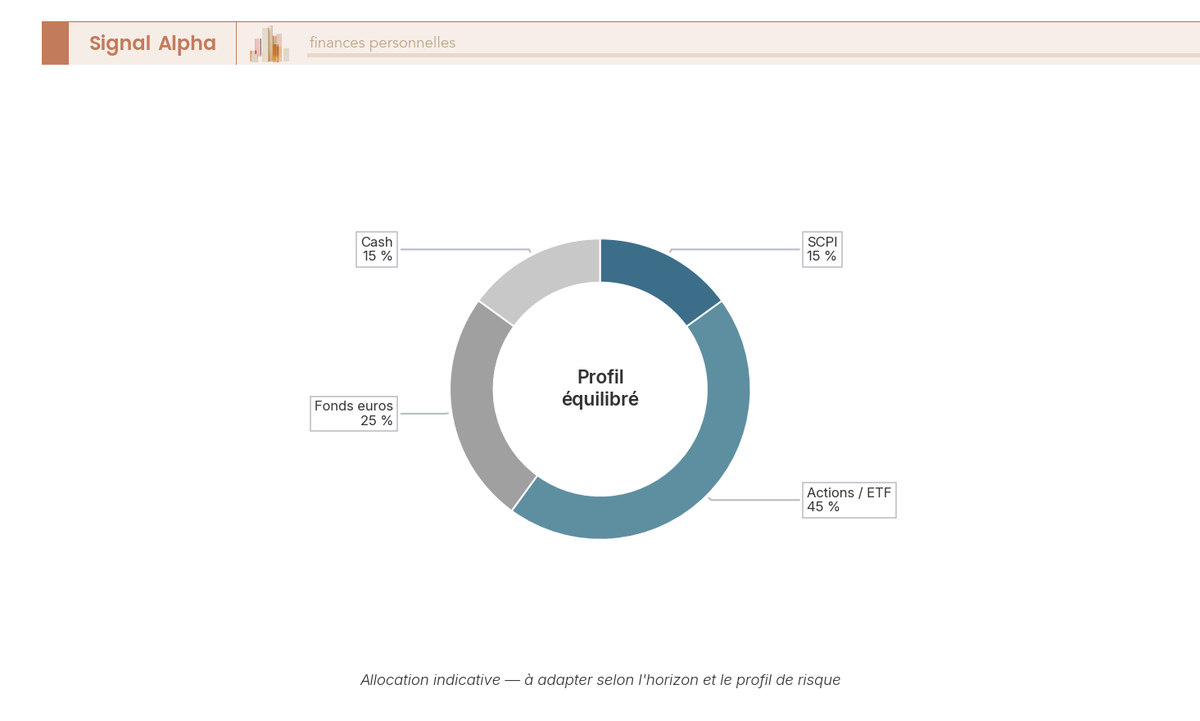 Diagramme en anneau d'une allocation équilibrée répartie en 15 pour cent de cash, 25 pour cent de fonds euros, 45 pour cent d'actions et ETF et 15 pour cent de SCPI.