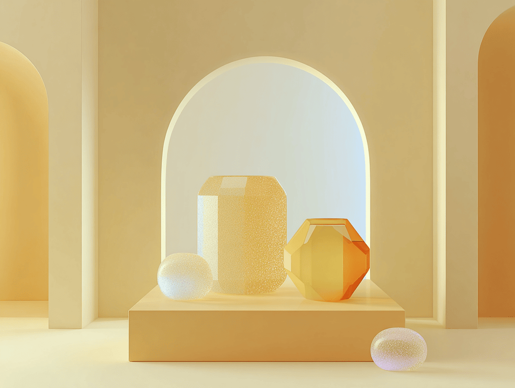 Vases géométriques dorés sous une arche blanche, sphère et galet sur podium beige