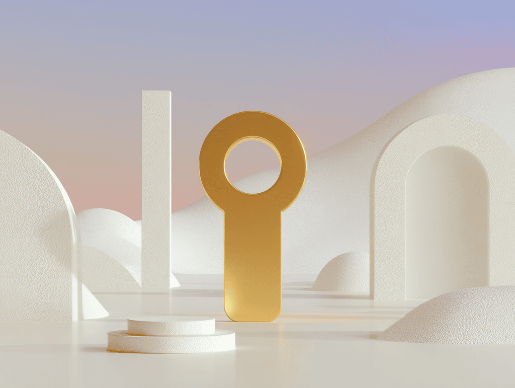 Clé dorée stylisée sur un socle circulaire, arches et dunes blanches en arrière-plan sur ciel dégradé rose et violet