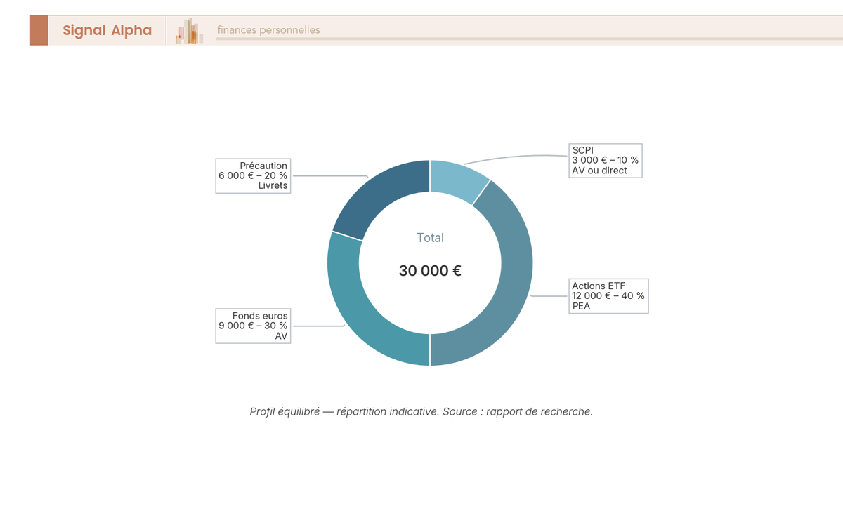 Diagramme en anneau : allocation de 30 000 € pour un profil équilibré, quatre poches (précaution, fonds euros, actions, SCPI).