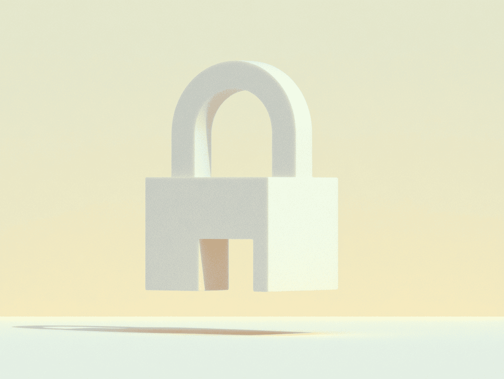 Cadenas 3D minimaliste sur fond sableux, anse blanche détachée flottant à gauche, corps formé de deux blocs rectangulaires beige et écru posés sur une surface plane.